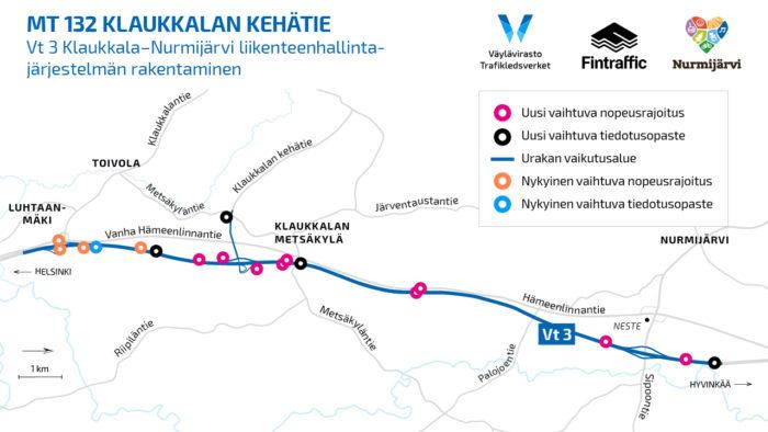 Kartta urakan vaikutusalueesta, jossa havainnollistettu nykyisiä ja vaihtuvia tiedotusopasteita ja nopeusrajoituksia.