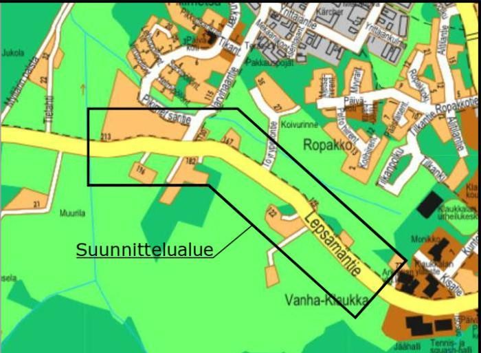Karttakuva Lepsämäntien katu-urakan alueesta.