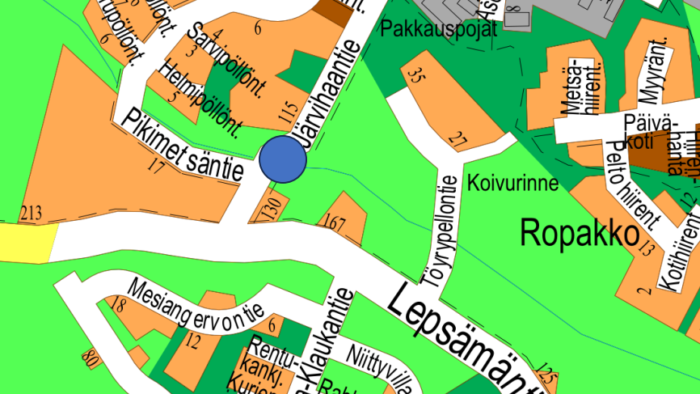 Karttakuva Järvihaantien ja Pikimetsäntien risteyksestä, jossa tehdään tierummun uusimistyö 27.6.-7.7.2023 välisenä aikana.