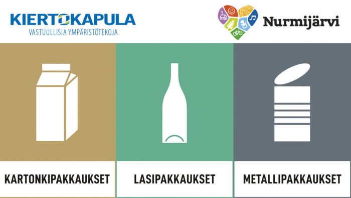 Jätteiden, kartonki-, lasi- ja metallipakkauksien lajittelumerkit.