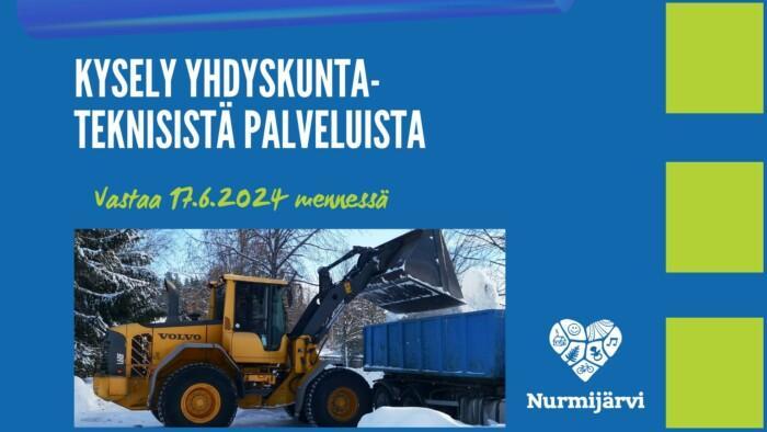 Yhdyskuntatekninen kysely -mainos, jossa tekstin lisäksi kauhakuormaaja, joka laittaa lunta kuorma-auton lavalle.