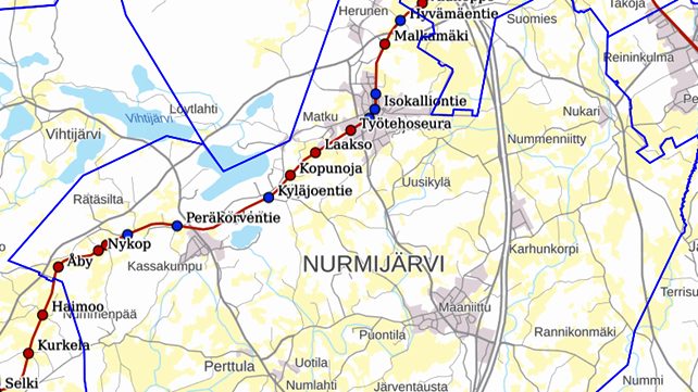 Kartta, jossa merkittynä Nurmijärven kunnan alueella olevat rautatien tasoristeykset.