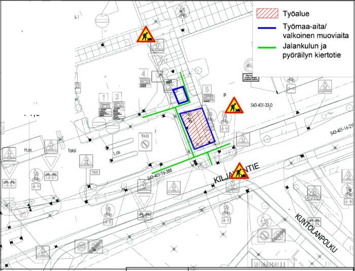 Karttakuva Rajamäen linja-autoaseman pyöräparkin rakentamisen työnaikaisista liikenteenjärjestelyistä.