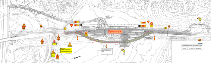 Ilvesvuori pohjoisen kohdalla olevan työmaan liikennejärjestelyt liikennemerkein.