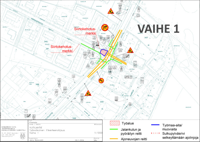 Liikennesuunnitelma väliaikaisista liikennejärjestelyistä Klaukkalan Ylitilantiellä.