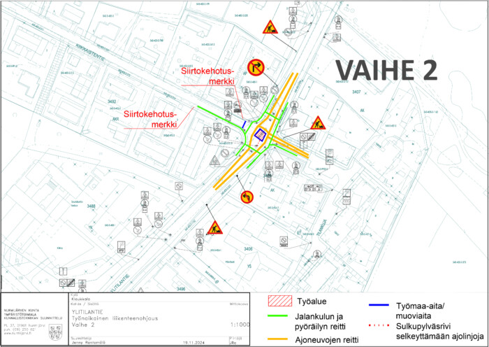 Liikennesuunnitelma väliaikaisista liikennejärjestelyistä Klaukkalan Ylitilantiellä.