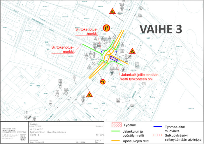 Liikennesuunnitelma väliaikaisista liikennejärjestelyistä Klaukkalan Ylitilantiellä.